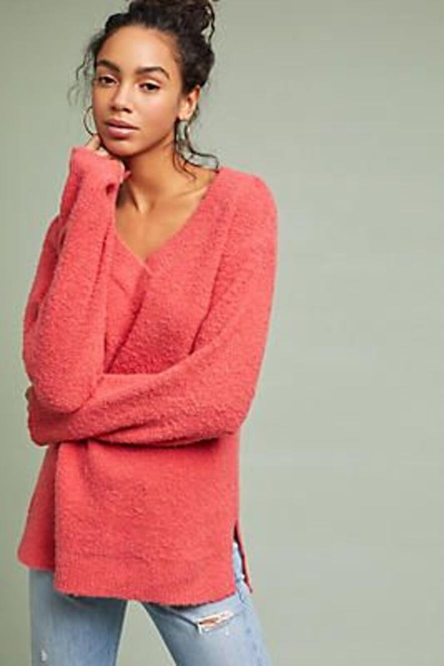 Anthropologie Clayton Pink Fuzzy V-Neck Pullover Oversize Sweater Size XS